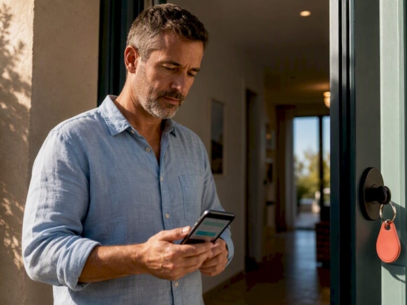 Landlord checking rent payment at apartment entrance
