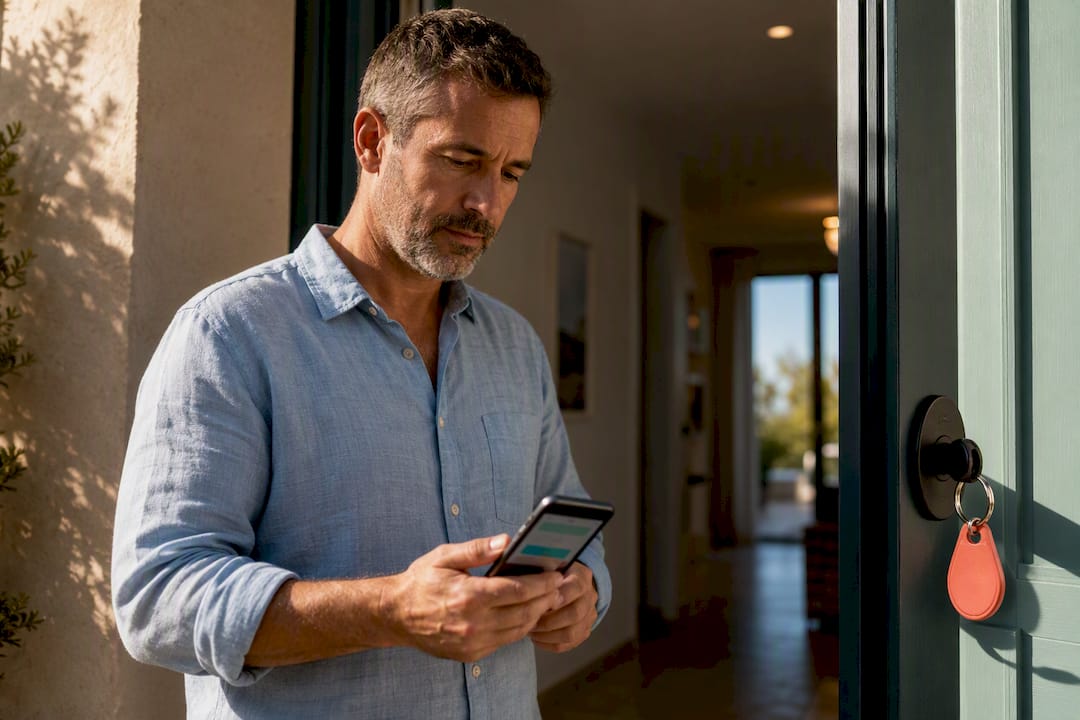 Landlord checking rent payment at apartment entrance