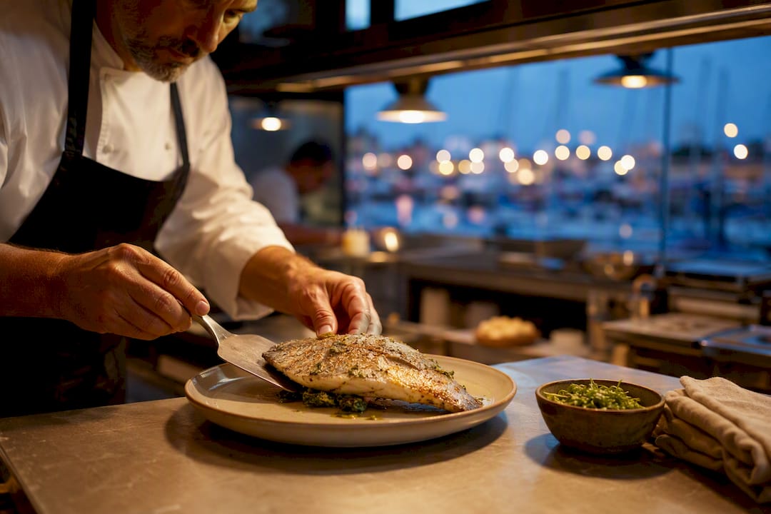 Chef plating fresh fish at Cambrils marina
