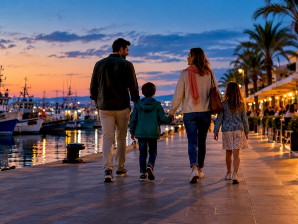 Family walking beside Cambrils marina at dusk