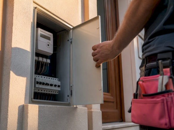 Elektrikas tikrina būsto elektros skaitiklių dėžę
