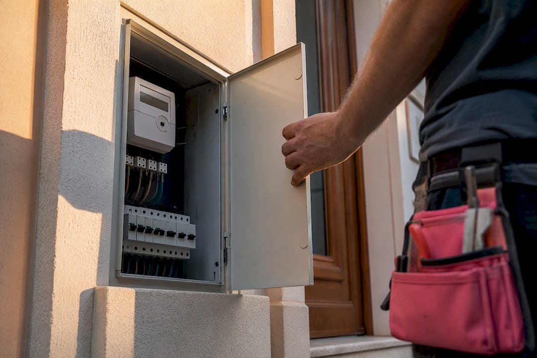Elektrikas tikrina būsto elektros skaitiklių dėžę