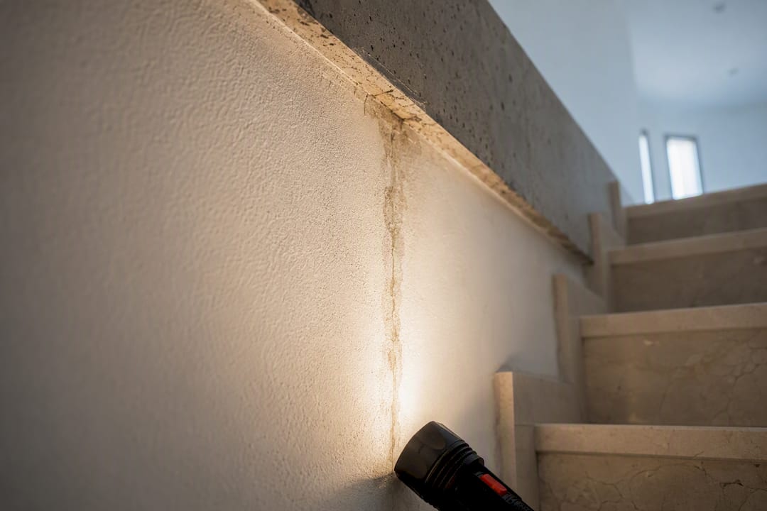 Water infiltration stain in new-build stairwell