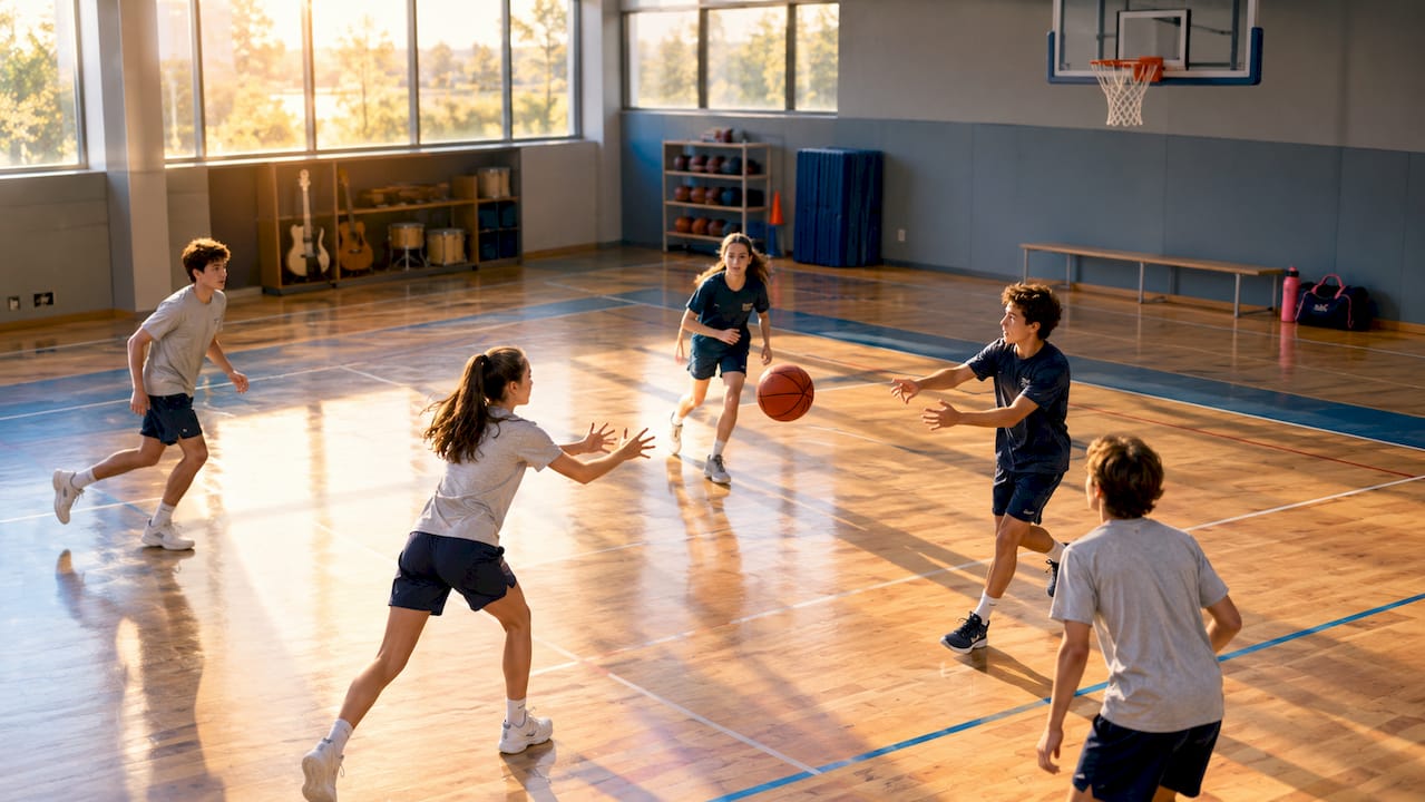Mokiniai sportuoja mokyklos salėje po pamokų