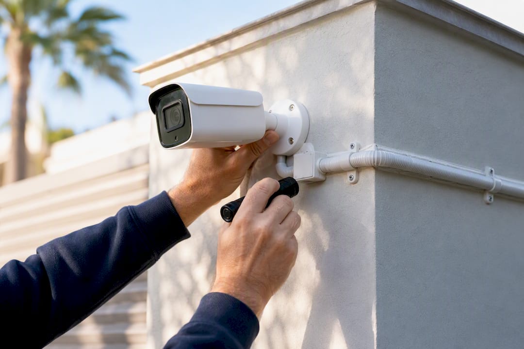Técnico evaluando cámara de seguridad residencial