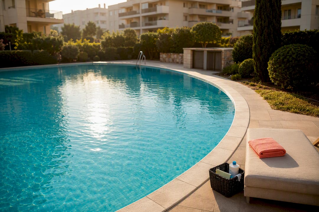 Shared Spanish residential community swimming pool