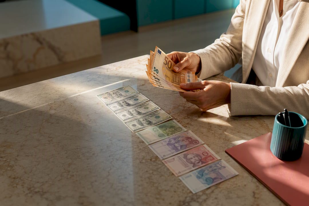 Hands comparing euro and foreign currency notes