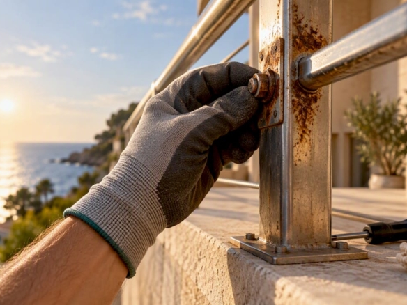 Inspección de herrajes oxidados en vivienda junto al mar