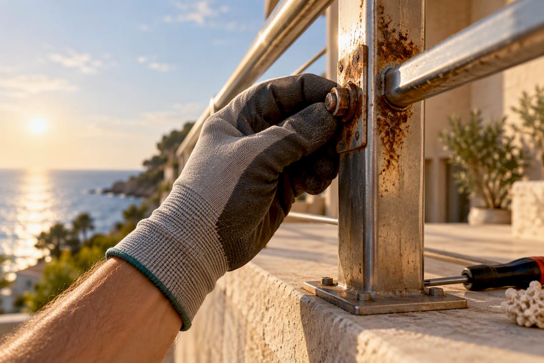 Inspección de herrajes oxidados en vivienda junto al mar