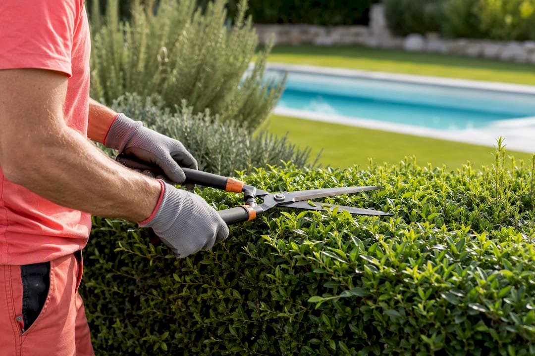Profesional podando el jardín privado de una villa