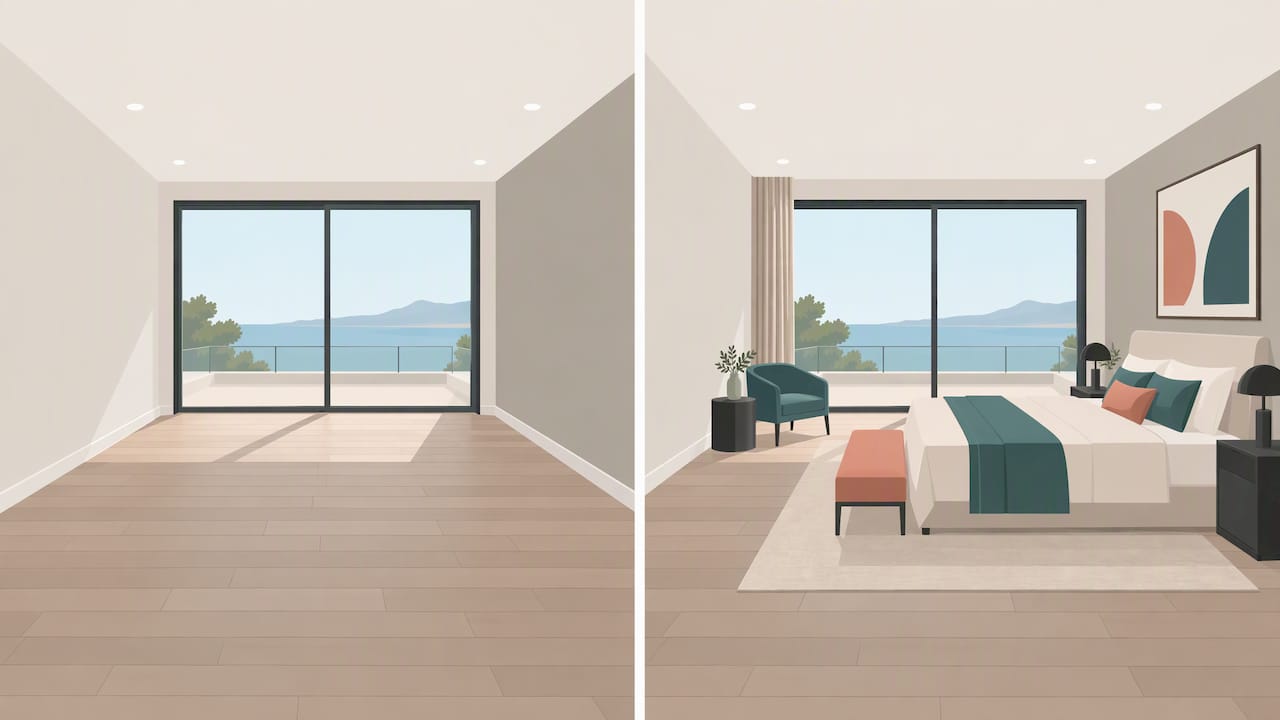 Comparación entre habitación vacía y puesta en escena virtual