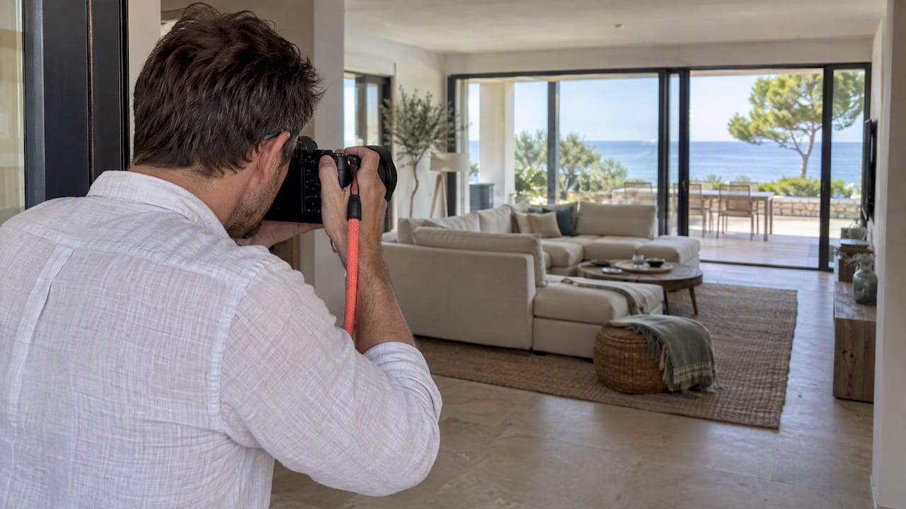 Fotógrafo enmarca la sala de una villa