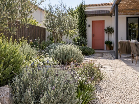 Jardín mediterráneo de bajo mantenimiento junto a una casa en la costa