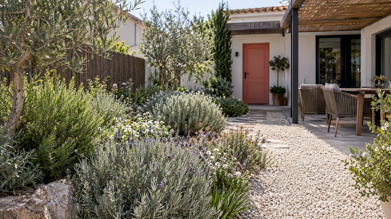 Jardín mediterráneo de bajo mantenimiento junto a una casa en la costa