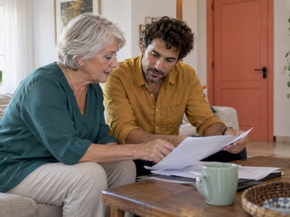 La propietaria y el comprador revisan una compraventa